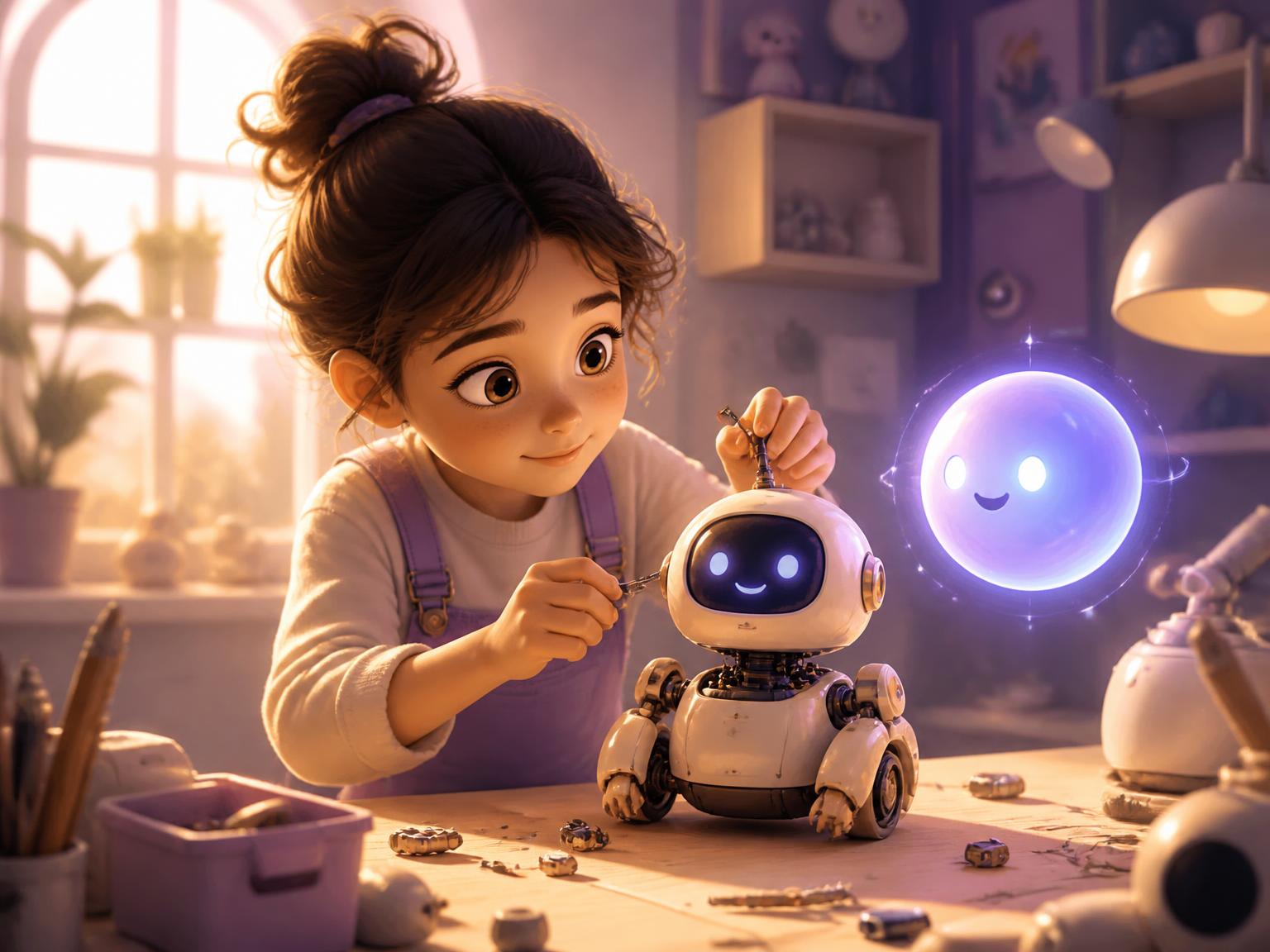 A child building a small robot beside Aya, the friendly AYARA AI companion