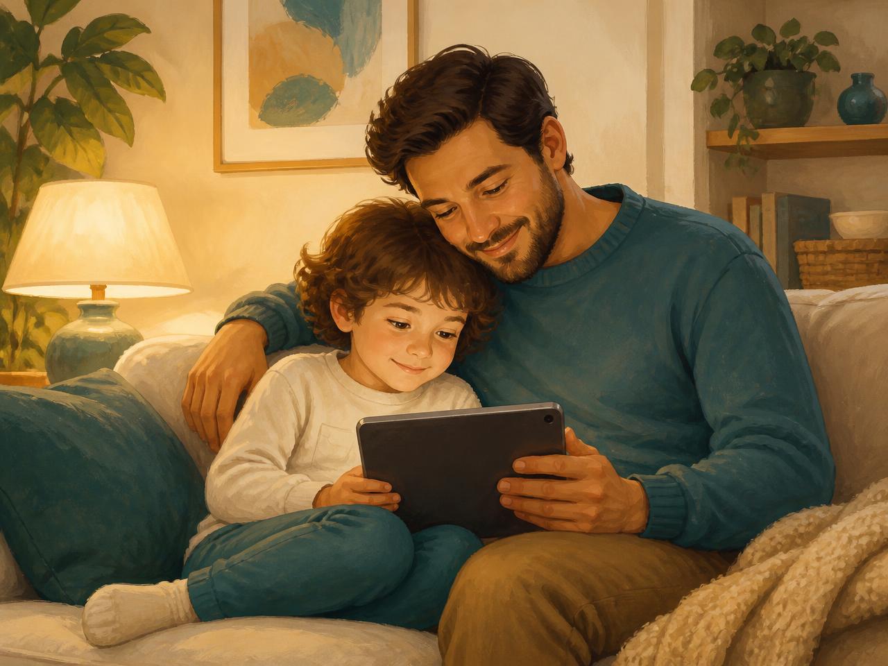 A parent and child looking at AYARA together on a tablet